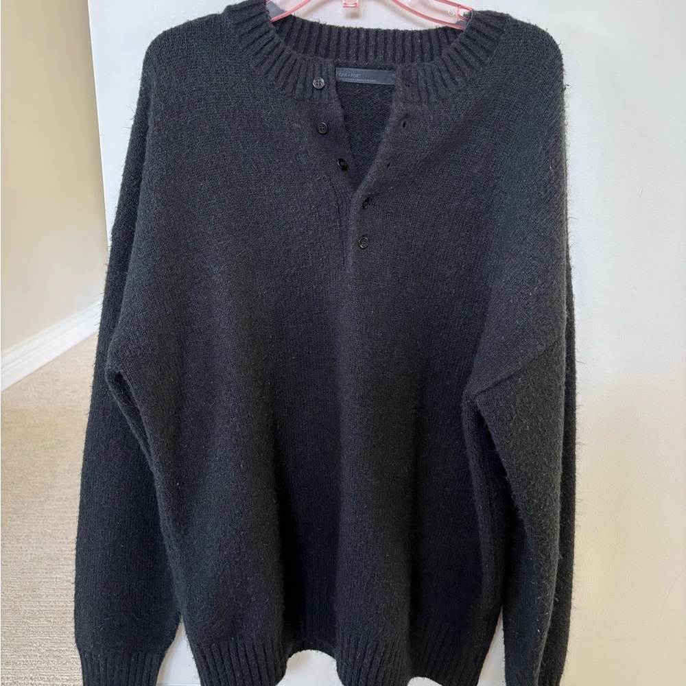 OAK + FORT Men's Black Crewneck Button-Placket Sweater